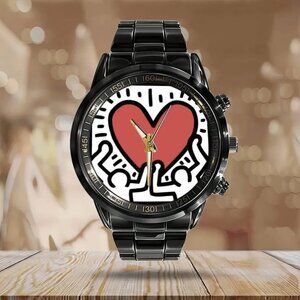 Keith Haring Love Calendar Steel Band Watch, Pop Art, Calendar, White Face.